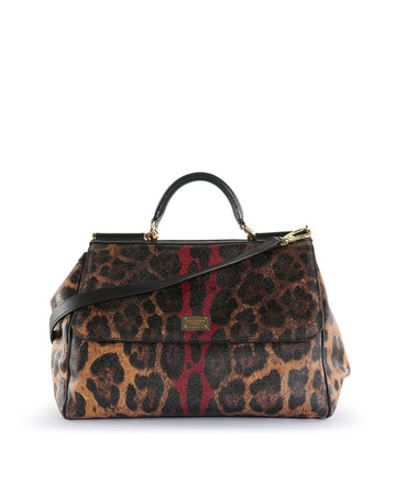 DOLCE & GABBANA Brown/Black/Red Leopard Print Coated Canvas Miss Sicily Large Top Handle Bag