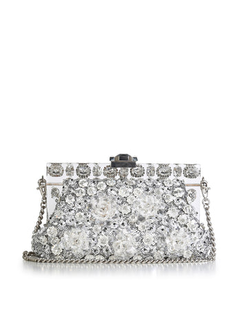 DOLCE & GABBANA Silver Sequins & Floral Crystals Clutch With Chain-Link Strap