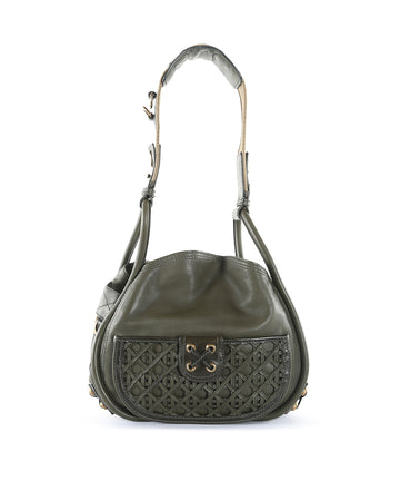 CHRISTIAN DIOR Olive Green Calfskin Leather Woven Pocket Satchel Bag