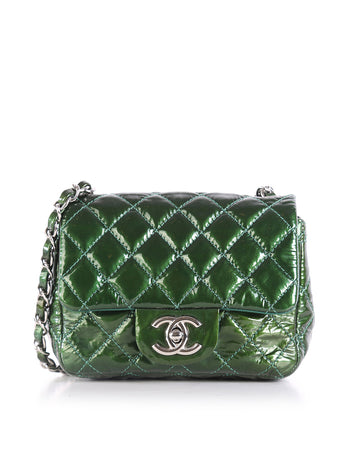 CHANEL Green Quilted Patent Leather Mini Square Classic Flap Bag