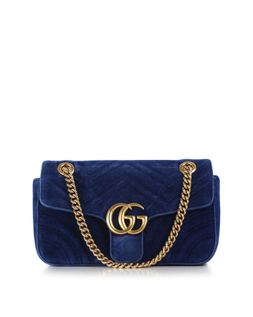 GUCCI Navy Blue Velvet GG Marmont Small Matelasse Shoulder Bag