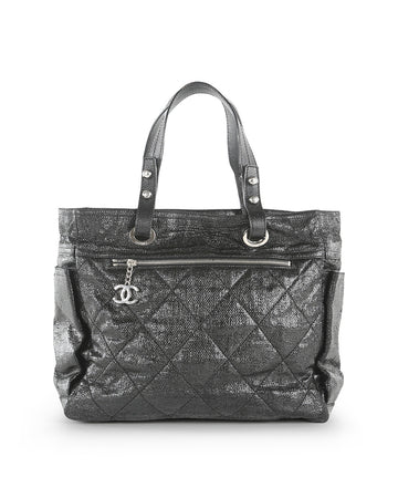 CHANEL Black Shiney Coated Canvas Paris Biarritz Tote Bag