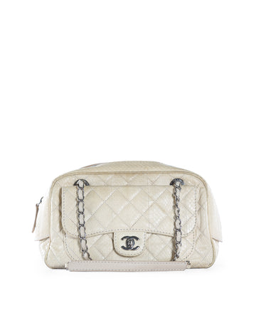 CHANEL White/Ecru Python Skin Quilted Shoulder Bag