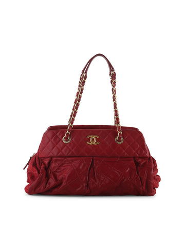 CHANEL Red Quilted Iridescent Leather Bowler Bag