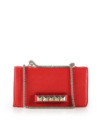 VALENTINO Red Leather Rockstud Va Va Voom Clutch Bag With Chain