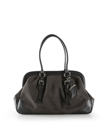 PRADA Brown Canvas And Leather Top Frame Shoulder Bag