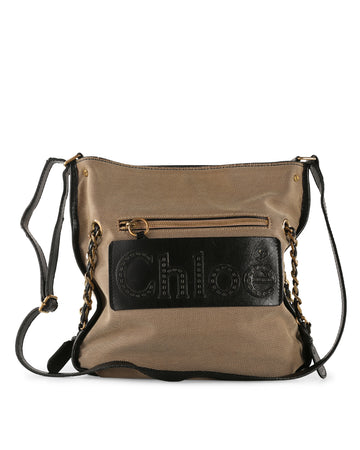 CHLOE Beige/Black Canvas & Leather Messenger Crossbody Bag