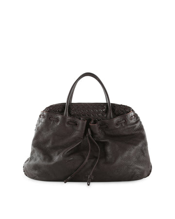 BOTTEGA VENETA Brown Leather & Intrecciato Leather Dome Drawstring Tote Bag