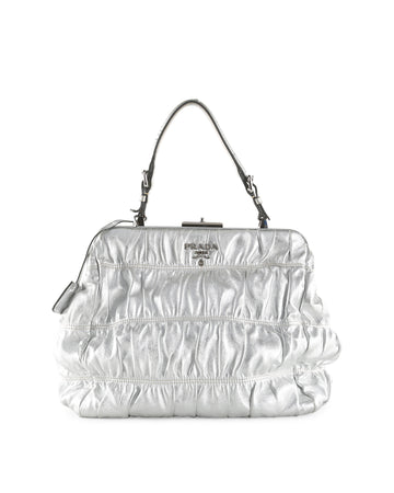 PRADA Silver Leather Dressy Gaufre Frame Handle Bag
