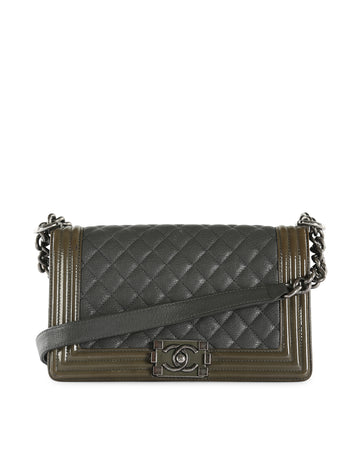 CHANEL Grey & Olive Quilted Caviar Leather Boy Flap Bag