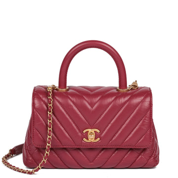 Chanel Red Chevron Aged Calfskin Leather Small Coco Top Handle Shoulder Bag