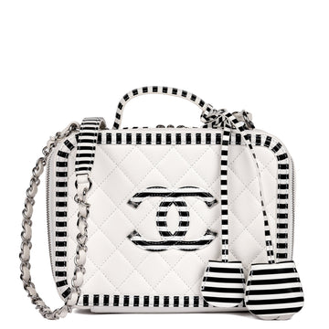 Chanel White Quilted Caviar Leather & Black Striped Calfskin Medium Filigree Vanity Case Shoulder Bag