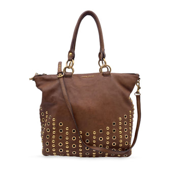 MIU MIU Brown Leather Studded Tote Bag With Shoulder Strap