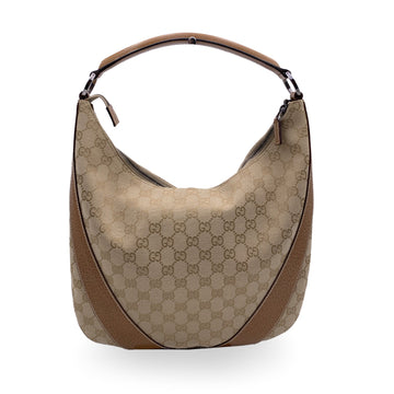 GUCCI Beige Monogram Canvas And Leather Hobo Shoulder Bag Tote