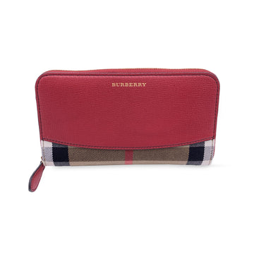 BURBERRY Red Beige Nova Check Elmore Zippy Long Continental Wallet