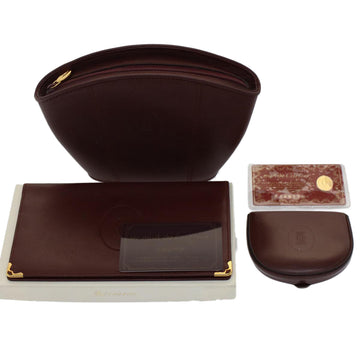 CARTIER Coin Purse Pouch Wallet Leather 3Set Wine Red Auth ac2095