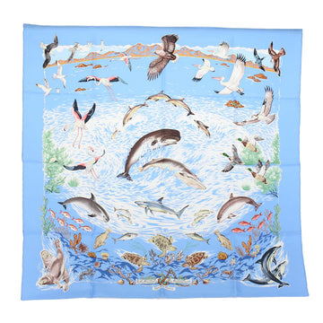 HERMES Carre 90 LA VIE PRECIEUSE DE LA MEDITERRANEE Scarf Silk Blue Auth ac2483