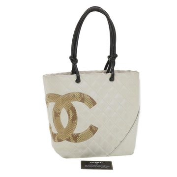 CHANEL Cambon Line Tote Bag Lamb Skin White CC Auth am3907