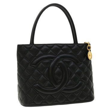 CHANEL Tote Bag Caviar Skin Black CC Auth am4270