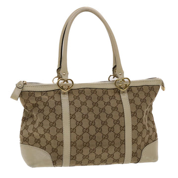 GUCCI GG Canvas Tote Bag Leather Beige 257069 Auth am4730