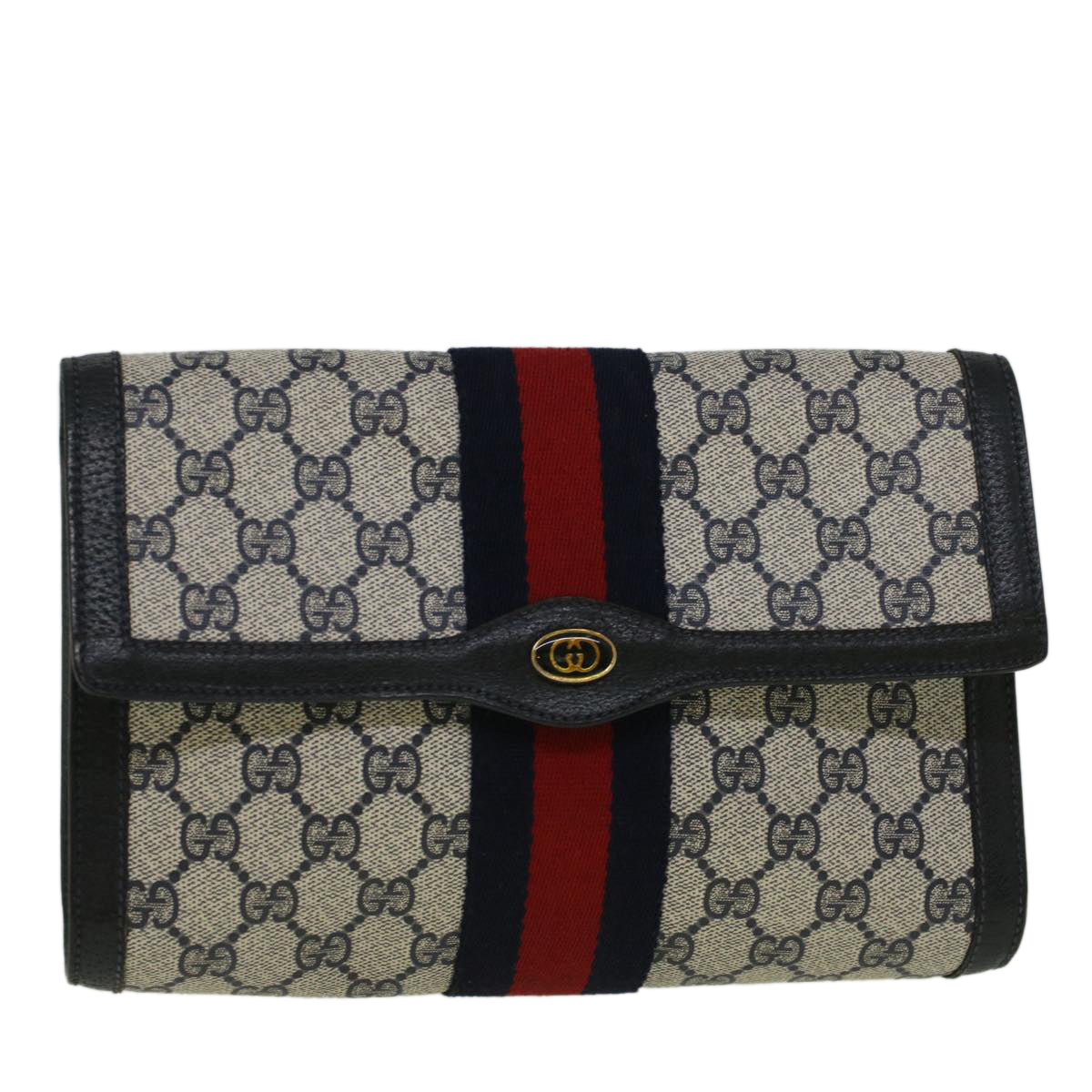 GUCCI GG Canvas Sherry Line Clutch Bag Red Navy gray 89 01 006 Auth am