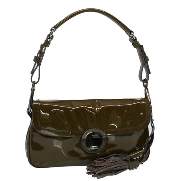 PRADA Fringe Shoulder Bag Patent leather Khaki Auth ar10235