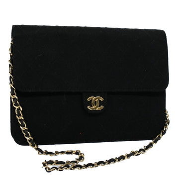 CHANEL Matelasse Chain Shoulder Bag Cotton Black CC Auth ar10313