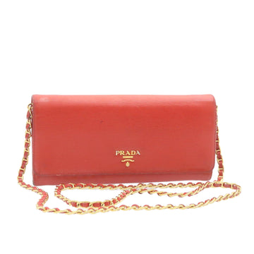 PRADA Chain Shoulder Long Wallet Leather Red Gold Auth ar5709