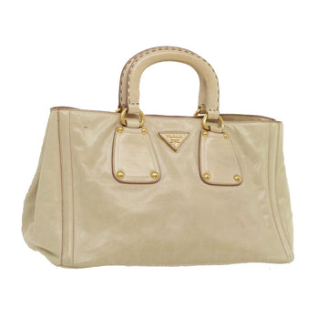 PRADA Hand Bag Leather Beige Auth ar7000