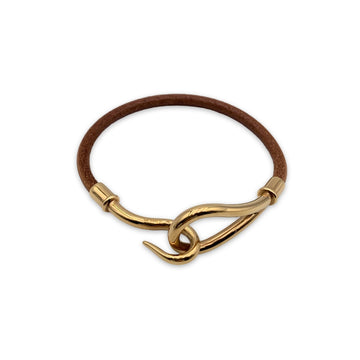 HERMES Light Brown Leather Gold Metal Jumbo Hook Bracelet