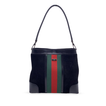 GUCCI Black Suede And Leather Shoulder Bag Tote With Stripes