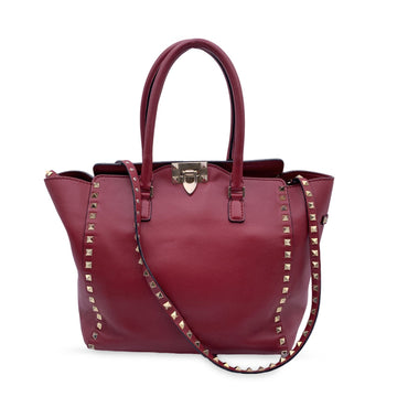 VALENTINO Red Leather Studded Rockstud Tote Bag With Strap
