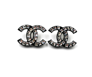 CHANEL Brand New Black Resin CC Princess Square Crystal XL Piercing Earrings