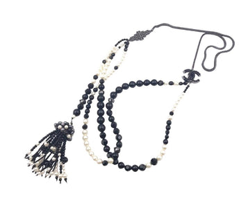 CHANEL Rare Black Stone Pearl Dangle Tassel Necklace