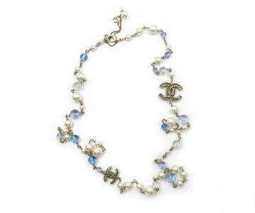 CHANEL Gold CC Blue Ruffle Blue Bead Pearl Long Necklace