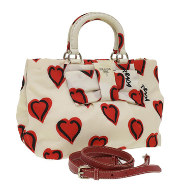 PRADA Heart Pattern Hand Bag Nylon 2way White Red black Auth bs3757