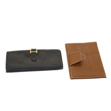 HERMES Wallet Leather 2Set Brown Black Auth bs5445