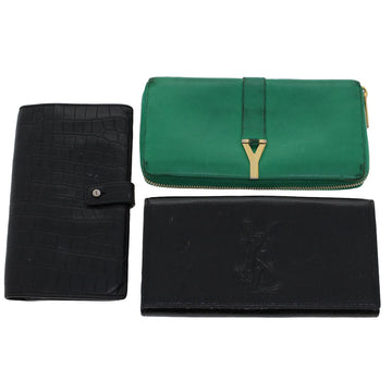 SAINT LAURENT Long Wallet Leather Patent leather 3Set Black Green Auth bs6091