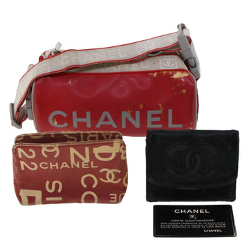 CHANEL Wallet Shoulder Bag Enamel Canvas 3Set Red Black CC Auth bs6266