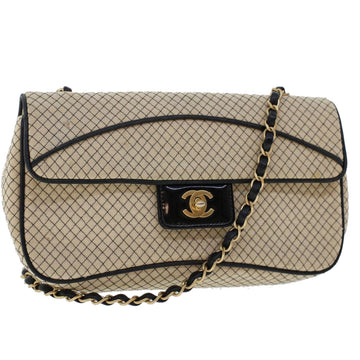 CHANEL Matelasse Chain Shoulder Bag Canvas Beige CC Auth bs6790