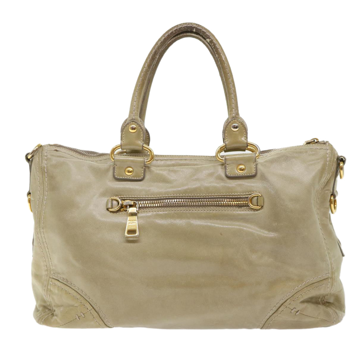 PRADA Boston Bag Leather Beige Auth bs7185