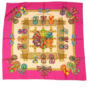 HERMES Carre90 Scarf �hLES RUBANS DU CHEVAL�h Silk Pink Auth bs7269
