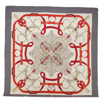 HERMES Carre 90 Eperon d'or Scarf Silk White Red gray Auth bs7315