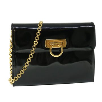 SALVATORE FERRAGAMO Gancini Chain Shoulder Bag Patent leather Black Auth bs7686