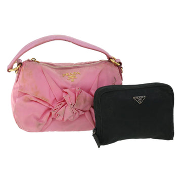 PRADA ribbon Pouch Hand Bag Nylon 2Set Pink Black Auth bs8125