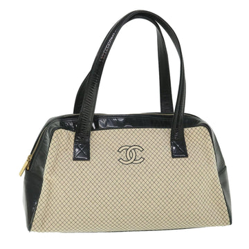 CHANEL Boston Bag cotton Beige CC Auth bs8343