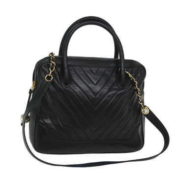 CHANEL V Stitch Hand Bag Lamb Skin 2way Black CC Auth bs9127