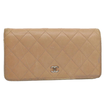 CHANEL Matelasse Wallet Lamb Skin Beige CC Auth bs9222