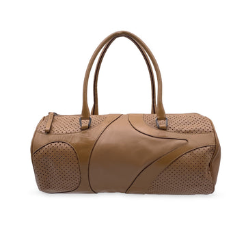 PRADA Beige Leather Perforated Bowling Barrel Bag Handbag