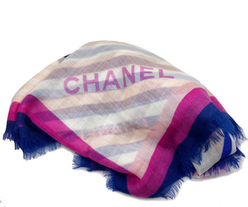 CHANEL Brand New Cashmere Stripy Fuchsia Blue Large Shawl